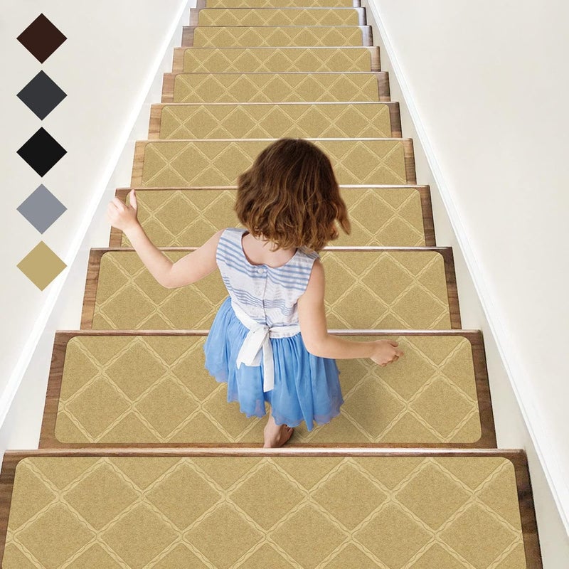 RIOLAND Stair Treads Carpet Non-Slip Indoor 15 PCS Wood Stair Treads Rugs Anti Moving Modern Stair Runners Safety for Kids Dogs, 8" X 30", Diamond Beige - Image 1